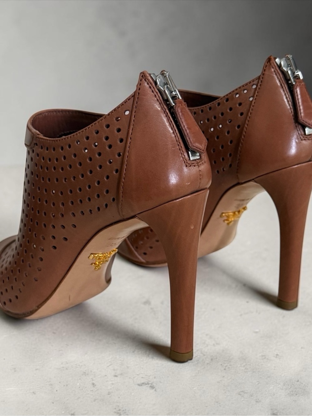 Authentic Prada Tan Perforated Peep-Toe High Heel Booties! Size 5.5 / 35.5 (EU) - Picture 10 of 14